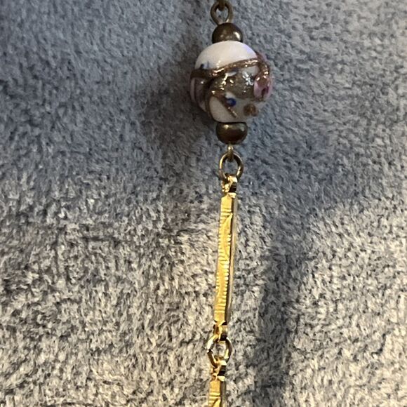 VIT Murano Venetian Wedding Cake Glass Bead Necklace Textured Gold Tone Links - Picture 11 of 12